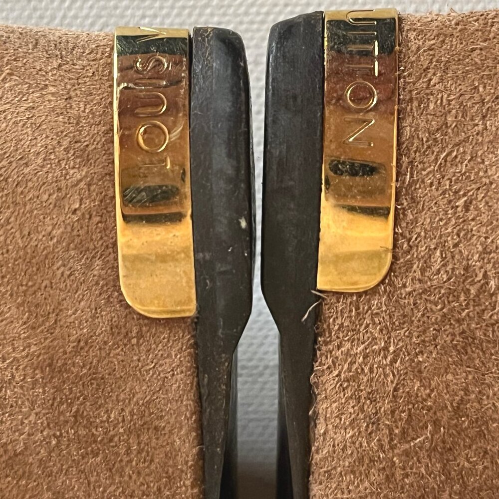 Louis Vuitton Camel Suede Slouch Wedge Boots Gold Metal Logo on Heels Size  37/7 - Picture 13 of 14